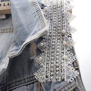 Γυναικείο τζιν γιλέκο με δαντέλα με χάντρες τζιν γιλέκο μόδας ζακέτα αμάνικο τοπ 2023 Νέο καλοκαίρι φαρδιά υπερμεγέθη γιλέκα ζακέτα