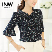 2018 Vară Femei Bluze și Topuri Bluză din șifon cu imprimeu floral Fundă cu mânecă scurtă Cămăși pentru femei Bluse Feminine Marimea Plus