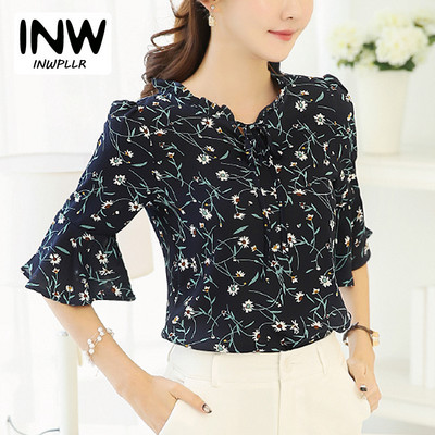 2018 Vară Femei Bluze și Topuri Bluză din șifon cu imprimeu floral Fundă cu mânecă scurtă Cămăși pentru femei Bluse Feminine Marimea Plus