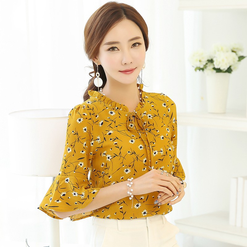 2018 Vară Femei Bluze și Topuri Bluză din șifon cu imprimeu floral Fundă cu mânecă scurtă Cămăși pentru femei Bluse Feminine Marimea Plus