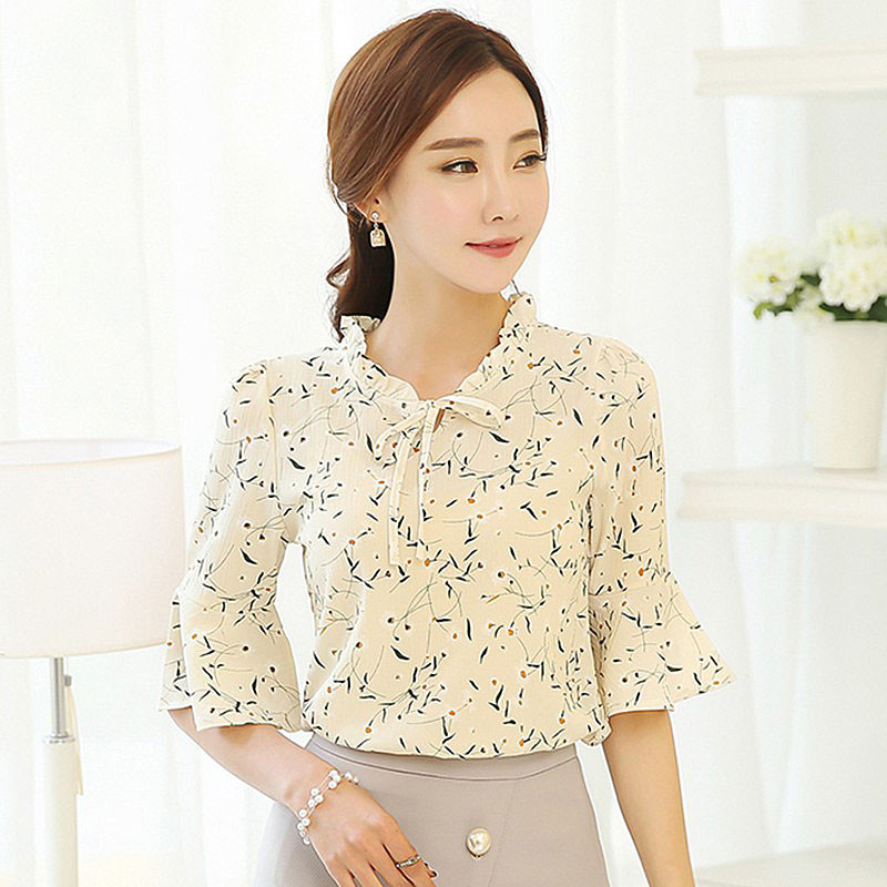 2018 Vară Femei Bluze și Topuri Bluză din șifon cu imprimeu floral Fundă cu mânecă scurtă Cămăși pentru femei Bluse Feminine Marimea Plus