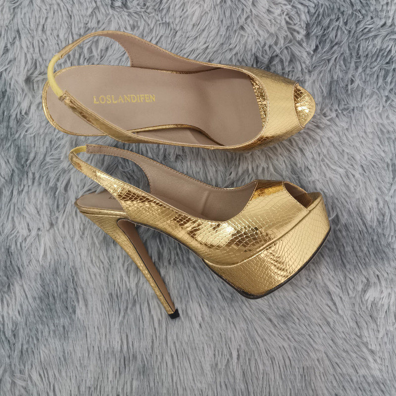 Ženske salonke, nove 14 cm visoke pete s platformom, seksi zlatno-srebrni krokodilski uzorak, sandale s otvorenim prstima, gladijatorske ženske cipele