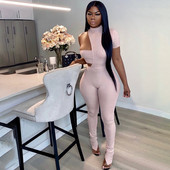 Įprastas, vieno peties mezgimo šonkauliuku moteriškas kombinezonas Seksualus tuščiaviduris trumpomis rankovėmis perpjautas apvadas platėjančios kelnės Plonas kombinezonas moterims