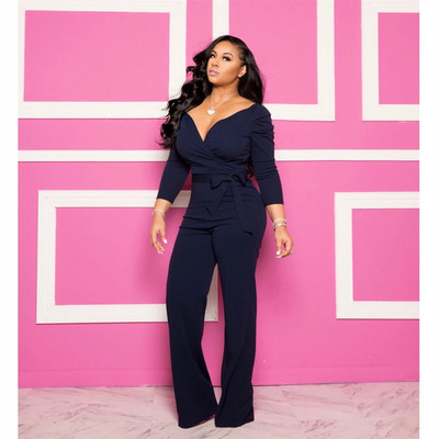 Dámske letné, jesenné, jednodielne, sexy, s hlbokým výstrihom do V, overaly s plným rukávom a opaskom