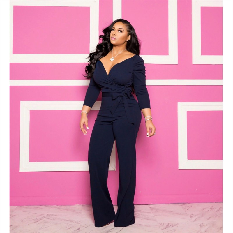 Dámske letné, jesenné, jednodielne, sexy, s hlbokým výstrihom do V, overaly s plným rukávom a opaskom