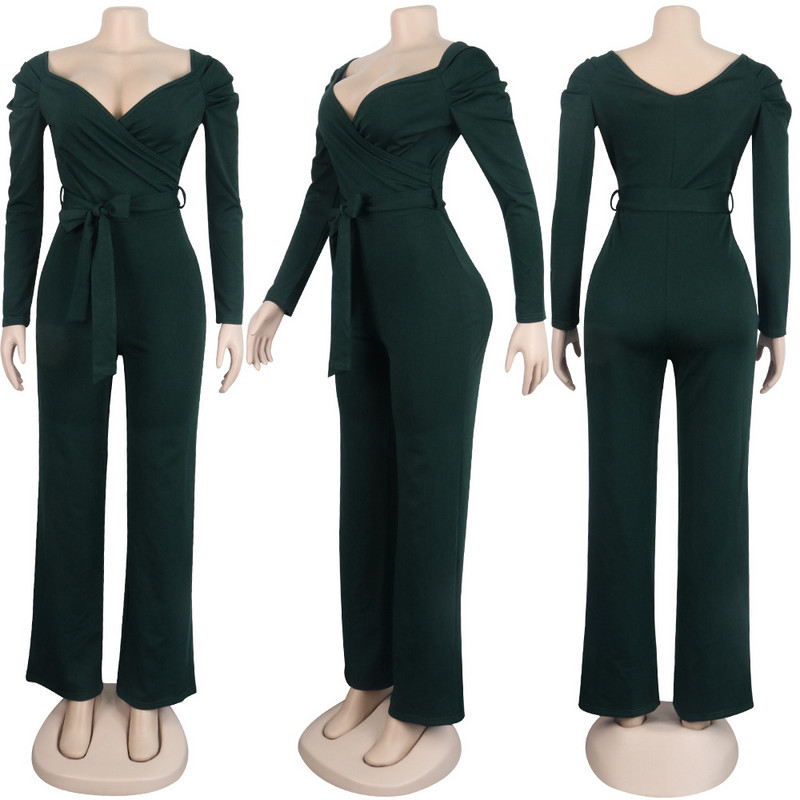 Dámske letné, jesenné, jednodielne, sexy, s hlbokým výstrihom do V, overaly s plným rukávom a opaskom