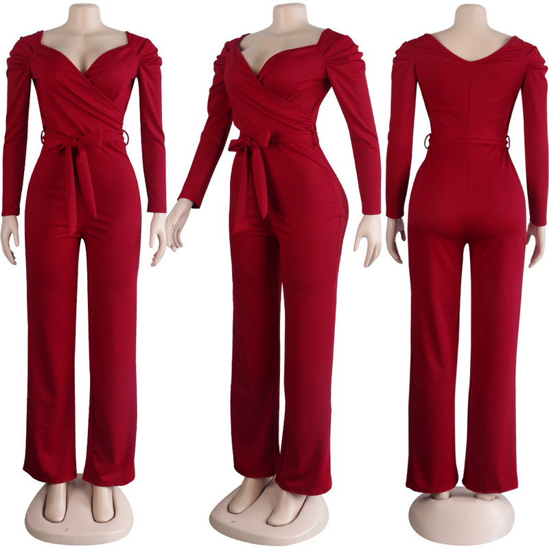 Dámske letné, jesenné, jednodielne, sexy, s hlbokým výstrihom do V, overaly s plným rukávom a opaskom