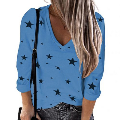 Ženska majica s printom digitalnih zvijezda, modna ležerna gornja bluza s V-izrezom i dugim rukavima