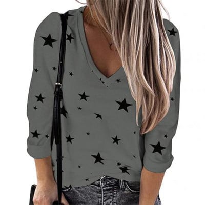 Ženska majica s printom digitalnih zvijezda, modna ležerna gornja bluza s V-izrezom i dugim rukavima