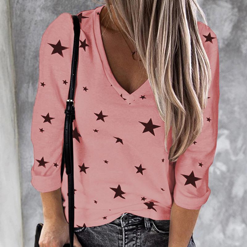 Ženska majica s printom digitalnih zvijezda, modna ležerna gornja bluza s V-izrezom i dugim rukavima