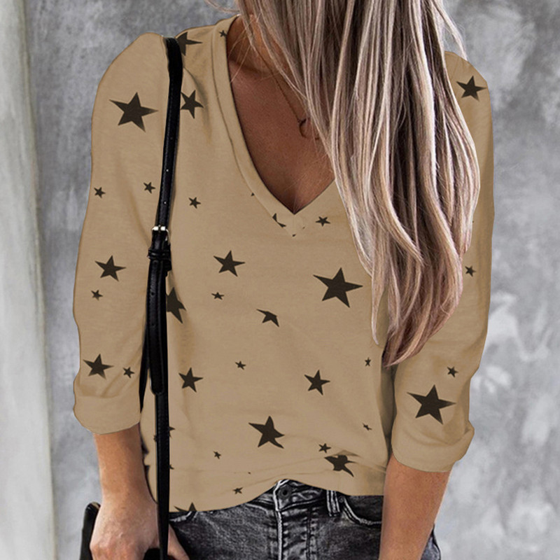 Ženska majica s printom digitalnih zvijezda, modna ležerna gornja bluza s V-izrezom i dugim rukavima