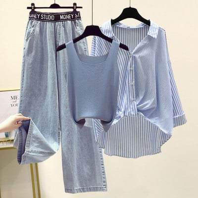 2023. gada vasara Sieviešu apģērbi Apģērbs Sieviešu ikdienas brīvs krekls Veste, platas džinsu bikses, 3 daļ. komplekti Modes burti Džinsi Blūze