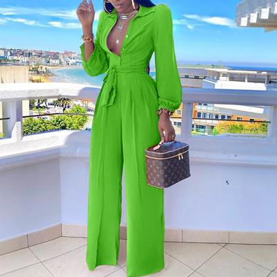 Ženski kombinezoni s dugim rukavima s otvorenim ovratnikom i remenom Široki kombinezoni za nogavice Chic Jednobojna obična košulja Oversize kombinezoni Ulična odjeća Novo