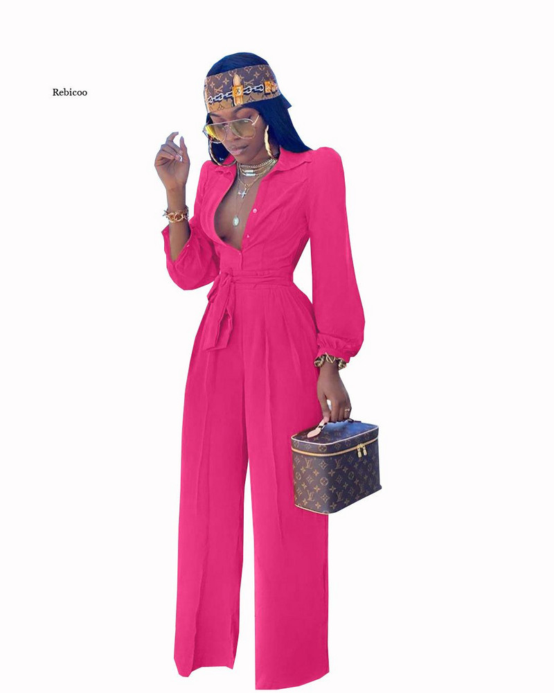 Ženski kombinezoni s dugim rukavima s otvorenim ovratnikom i remenom Široki kombinezoni za nogavice Chic Jednobojna obična košulja Oversize kombinezoni Ulična odjeća Novo
