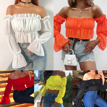 Γυναικείες μπλούζες 2020 New Off Shoulder Sheer Mesh Puff Μακρυμάνικο Πουκάμισο Γραφείου Μπλούζα Μπλούζα Μπλούζα Casual Tops Plus Size Blusas Femininas