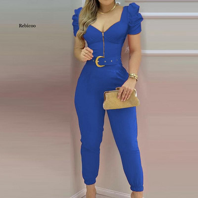 Ženski kombinezon Puf na ramena Duboki V izrez Majica kratkih rukava Kombinezon Elegantna uredska dama Jednodijelni kombinezon Novo proljeće ljeto