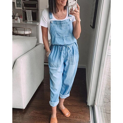 Női farmer Jumpsuit Laza divatos rugalmas derék közepén Vintage egyszínű nyári alkalmi overál Női nadrág