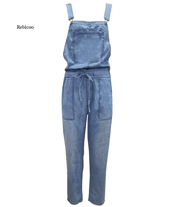 Moteriškas džinsinis kombinezonas Laisvas mados elastingas vidurio juosmens Vintažas vienspalvis vasarinis laisvalaikio kombinezonas Moteriškos kelnės