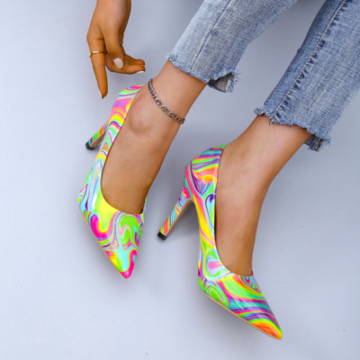 2022 Ανοιξιάτικα και Φθινοπωρινά Μόδα Graffiti Παπούτσια με ρηχό στόμα με μυτερά πολύχρωμα, ευέλικτα γυναικεία ψηλοτάκουνα παπούτσια μονό