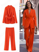 Costum pentru femei, subțire, cu un singur buton, cu mânecă lungă, costum portocaliu, pantaloni casual, culoare pură, cu talie înaltă, pantaloni largi, set de costum