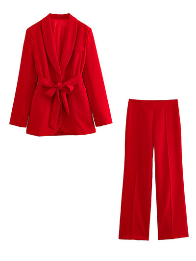 Costum pentru femei, subțire, cu un singur buton, cu mânecă lungă, costum portocaliu, pantaloni casual, culoare pură, cu talie înaltă, pantaloni largi, set de costum