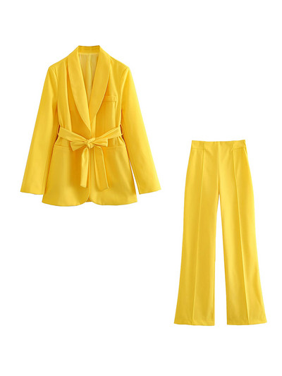 Costum pentru femei, subțire, cu un singur buton, cu mânecă lungă, costum portocaliu, pantaloni casual, culoare pură, cu talie înaltă, pantaloni largi, set de costum