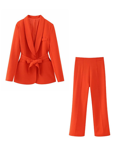 Costum pentru femei, subțire, cu un singur buton, cu mânecă lungă, costum portocaliu, pantaloni casual, culoare pură, cu talie înaltă, pantaloni largi, set de costum