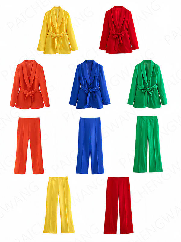 Dámsky oblek s dlhým rukávom a úzkym zapínaním na jeden gombík, oranžový oblek, ležérne nohavice, čisto farebné nohavice s vysokým pásom a širokými nohavicami