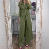 Ženska odjeća Hlače širokih nogavica s V-izrezom i širokim nogavicama Ženski dvodijelni set Elegantni ženski komplet hlača na uvijanje Ženski modni komplet