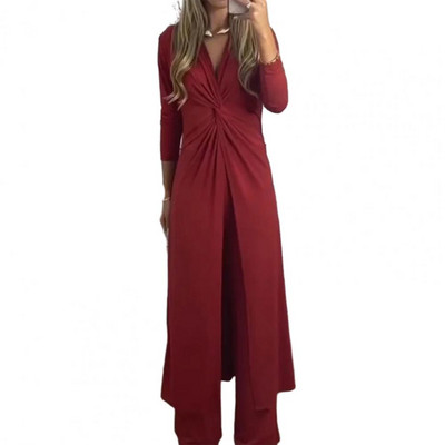 Ženska odjeća Hlače širokih nogavica s V-izrezom i širokim nogavicama Ženski dvodijelni set Elegantni ženski komplet hlača na uvijanje Ženski modni komplet