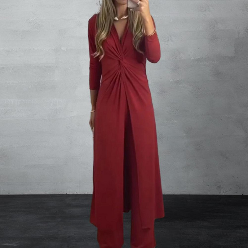 Ženska odjeća Hlače širokih nogavica s V-izrezom i širokim nogavicama Ženski dvodijelni set Elegantni ženski komplet hlača na uvijanje Ženski modni komplet