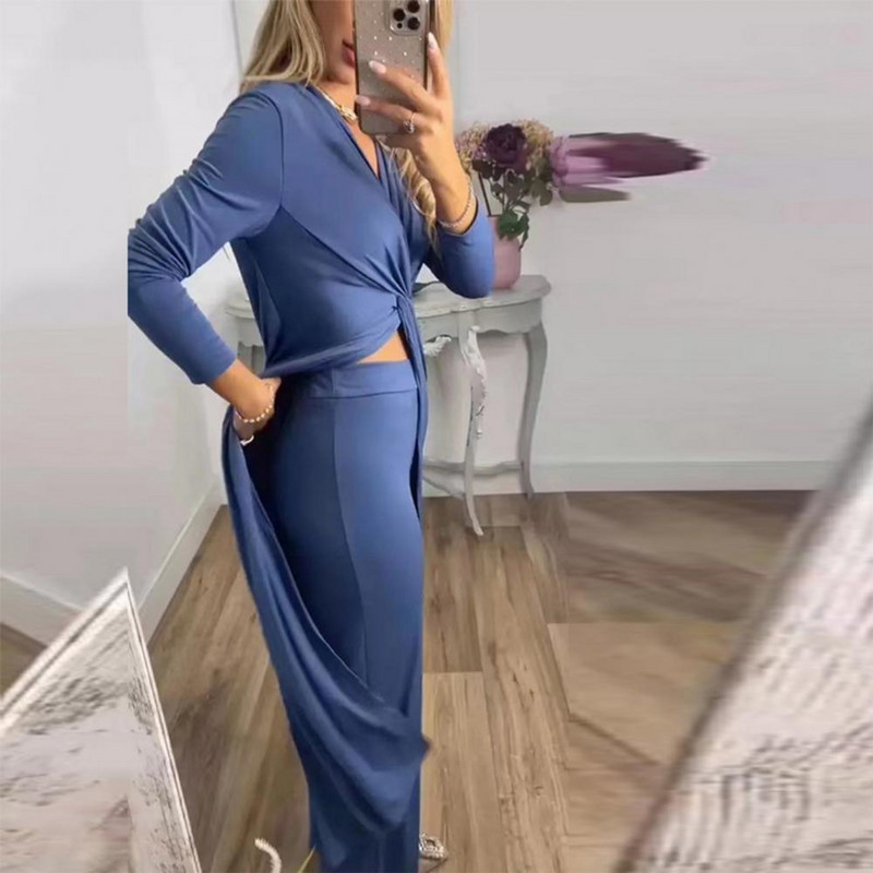 Ženska odjeća Hlače širokih nogavica s V-izrezom i širokim nogavicama Ženski dvodijelni set Elegantni ženski komplet hlača na uvijanje Ženski modni komplet