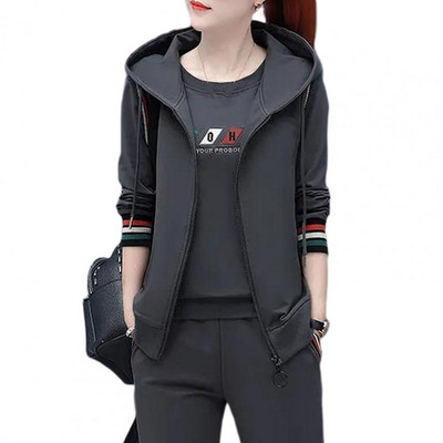 3 τμχ/Σετ Γυναικεία αθλητική φόρμα αμάνικο παλτό με κουκούλα και στρογγυλή λαιμόκοψη Γιλέκο παντελόνι σετ εκτύπωσης Φαρδιά ζεστή φόρμα γυναικεία καθημερινή χρήση