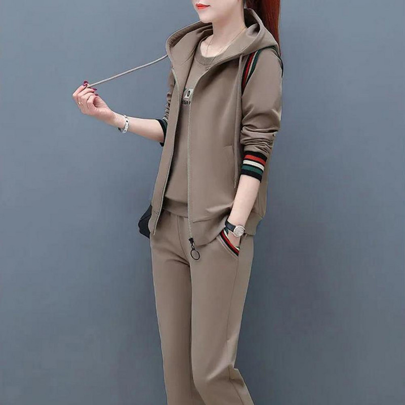 3 τμχ/Σετ Γυναικεία αθλητική φόρμα αμάνικο παλτό με κουκούλα και στρογγυλή λαιμόκοψη Γιλέκο παντελόνι σετ εκτύπωσης Φαρδιά ζεστή φόρμα γυναικεία καθημερινή χρήση