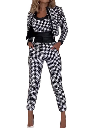 Set de 3 piese pentru femei la modă, cu imprimeu cu picior de gală, cu jachetă cu fermoar și pantaloni creion Y2k