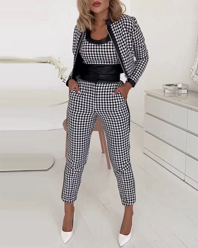 Set de 3 piese pentru femei la modă, cu imprimeu cu picior de gală, cu jachetă cu fermoar și pantaloni creion Y2k