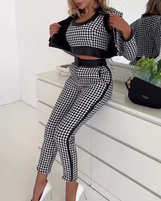 Set de 3 piese pentru femei la modă, cu imprimeu cu picior de gală, cu jachetă cu fermoar și pantaloni creion Y2k