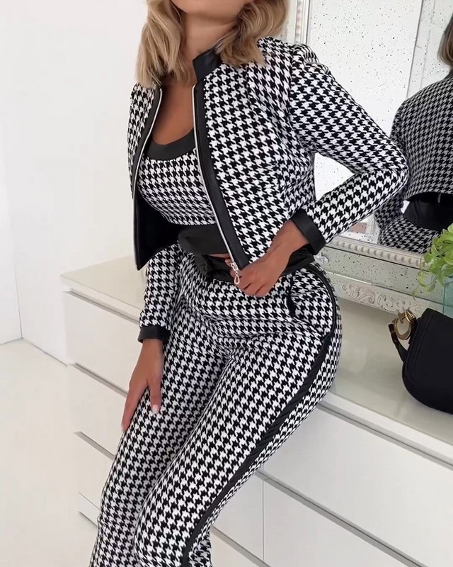 Set de 3 piese pentru femei la modă, cu imprimeu cu picior de gală, cu jachetă cu fermoar și pantaloni creion Y2k