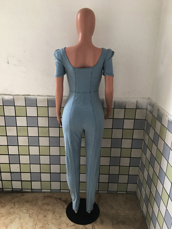 Kombinezoni s trapericama Seksi ženski kombinezon s V-izrezom, kratkim rukavima, plavi traper, ravni kombinezon