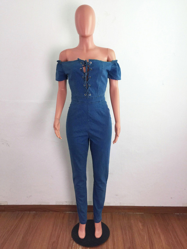 Ljetni kombinezoni s trapericama Seksi ženske hlače s kosim izrezom uz tijelo Ležeran plavi traper kombinezon s olovkom