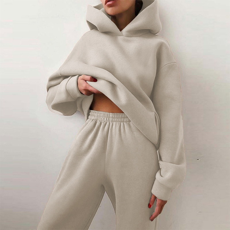 Treninguri căptușite cu lână pentru femei, la modă de iarnă, hanorac cald, pulover, hanorace, două piese, solid, cald, supradimensionat, pantalon lung