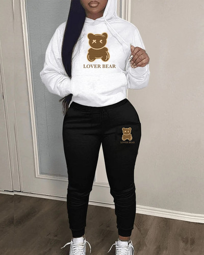 NSANGU Bear Letter Print Kengaroo Pocket Tracksuit komplektas su gobtuvu ilgomis rankovėmis + surišamos kelnės moteriškos dviejų dalių derantys kostiumai