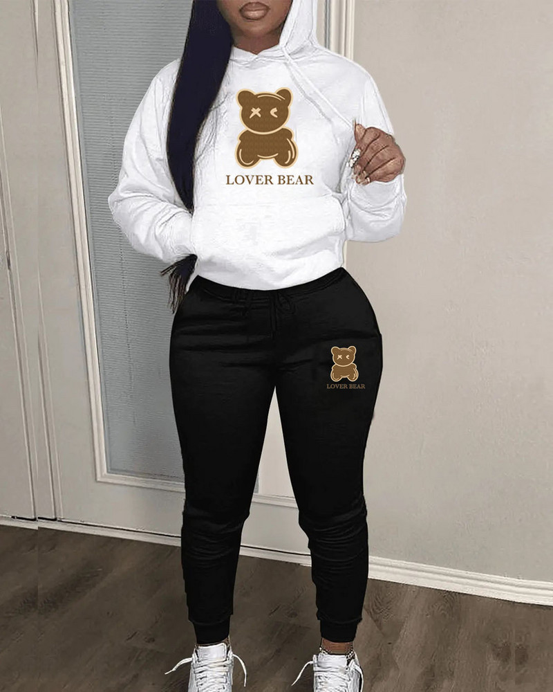 NSANGU Bear Letter Print Kengaroo Pocket Tracksuit komplektas su gobtuvu ilgomis rankovėmis + surišamos kelnės moteriškos dviejų dalių derantys kostiumai