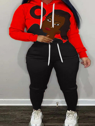 LW 2PC su gaubtu apykakle, spalvota gabalėliu, kišeniniu sportinio kostiumo rinkinys Colorblock Figūrinis spausdinimas ilgomis rankovėmis gobtuvu ir raišteliu kelnių rinkinys