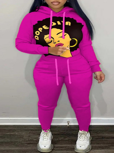 LW 2PC su gaubtu apykakle, spalvota gabalėliu, kišeniniu sportinio kostiumo rinkinys Colorblock Figūrinis spausdinimas ilgomis rankovėmis gobtuvu ir raišteliu kelnių rinkinys