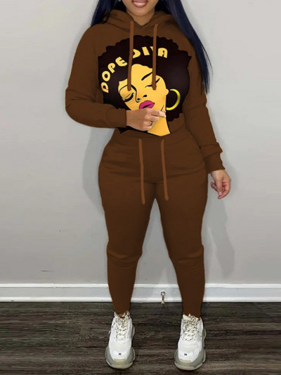 LW 2PC su gaubtu apykakle, spalvota gabalėliu, kišeniniu sportinio kostiumo rinkinys Colorblock Figūrinis spausdinimas ilgomis rankovėmis gobtuvu ir raišteliu kelnių rinkinys