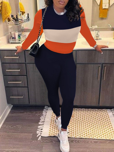 LW 2PC su gaubtu apykakle, spalvota gabalėliu, kišeniniu sportinio kostiumo rinkinys Colorblock Figūrinis spausdinimas ilgomis rankovėmis gobtuvu ir raišteliu kelnių rinkinys
