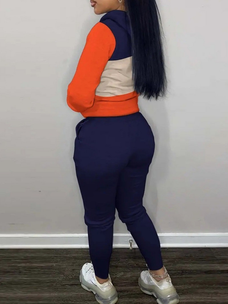 LW 2PC su gaubtu apykakle, spalvota gabalėliu, kišeniniu sportinio kostiumo rinkinys Colorblock Figūrinis spausdinimas ilgomis rankovėmis gobtuvu ir raišteliu kelnių rinkinys