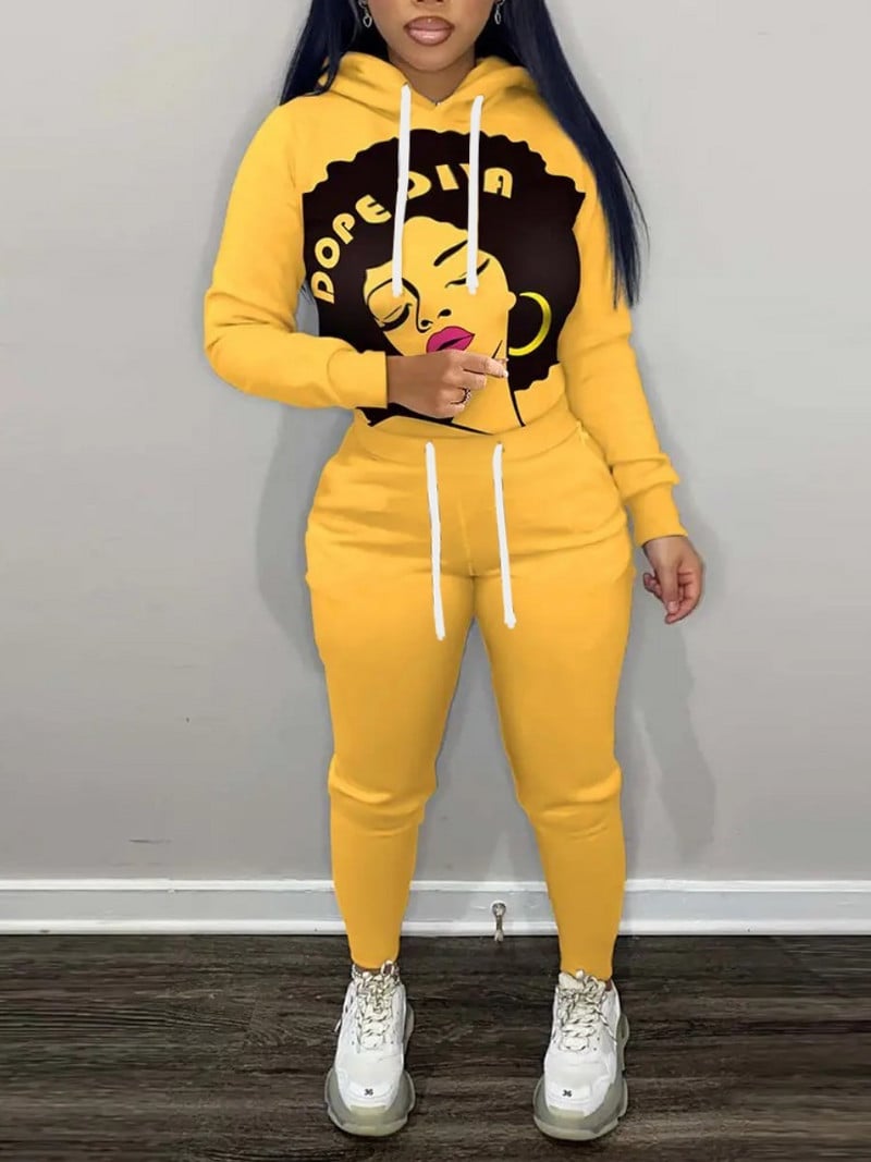 LW 2PC su gaubtu apykakle, spalvota gabalėliu, kišeniniu sportinio kostiumo rinkinys Colorblock Figūrinis spausdinimas ilgomis rankovėmis gobtuvu ir raišteliu kelnių rinkinys