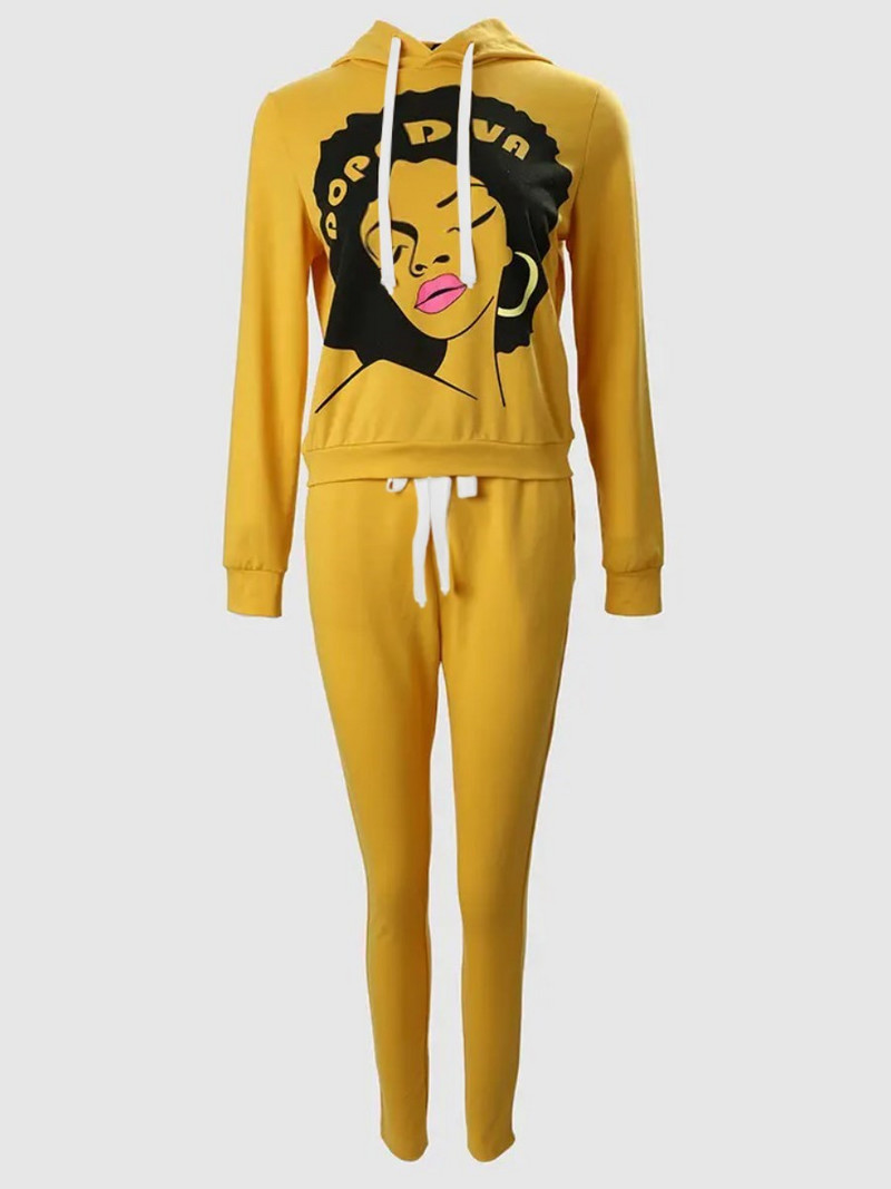 LW 2PC su gaubtu apykakle, spalvota gabalėliu, kišeniniu sportinio kostiumo rinkinys Colorblock Figūrinis spausdinimas ilgomis rankovėmis gobtuvu ir raišteliu kelnių rinkinys